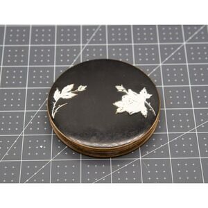 Vintage Shulton Desert Flower Powder Compact Black Enamel Floral Brass‎ Case